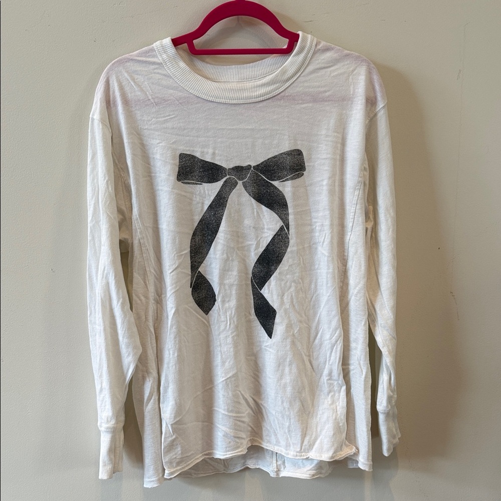 Aerie White Long Sleeve Shirt with Black Bow Design
